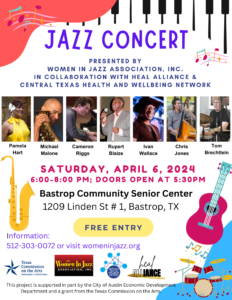 Image shows flyer for the Bastrop Uplift Jazz Concert. Information below.