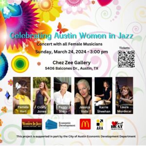 Imagine shows the Celebrating Austin Women in Jazz event flyer. Information below.